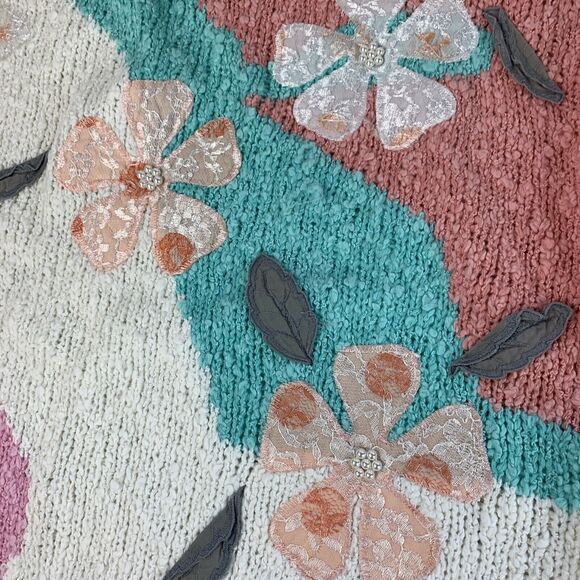 VTG Needles & Yarn Size Large Knit Floral Sweater Women Embellished Ivory Padded - Picture 3 of 10